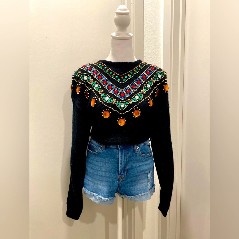 VTG 80s 90s Western Connection Black Jeweled Embellished Crew Neck Sweater - M